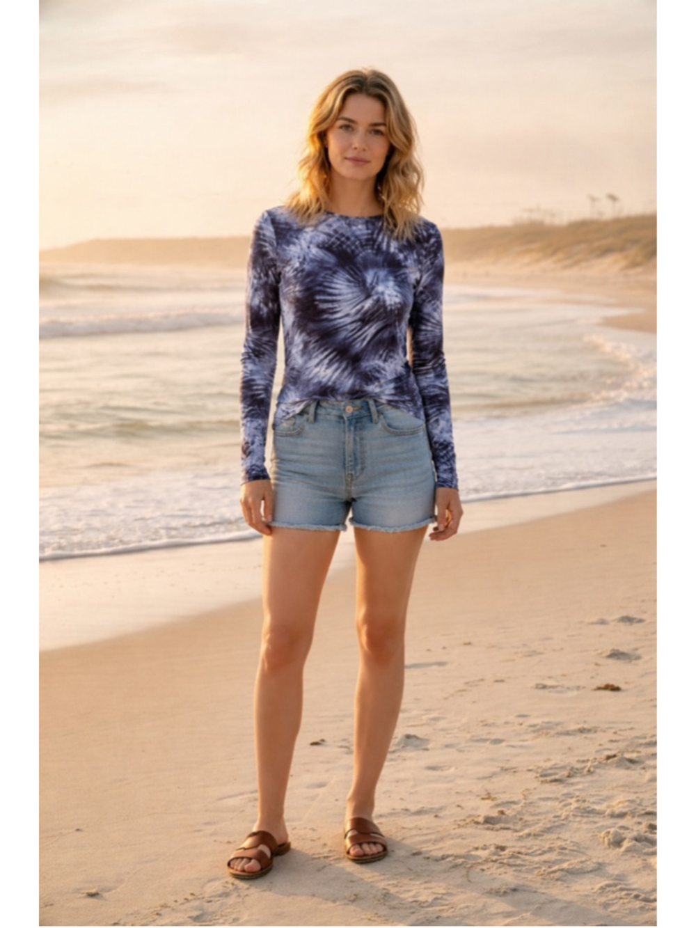 Lands’ End XS Deep Sea Navy Tie Dye Palm Rash Guard Swim Tee UPF 50 NWT